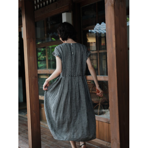 說與山聽「迷宮」兩色色織亞麻連衣裙 木耳邊松弛感日系女夏 6924