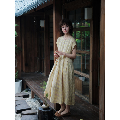 說與山聽「迷宮」兩色色織亞麻連衣裙 木耳邊松弛感日系女夏 6924