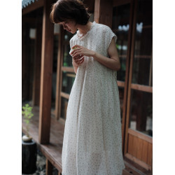 說與山聽「初櫻映」碎花苧麻連衣裙 短袖圓領松弛感日系女夏 2526
