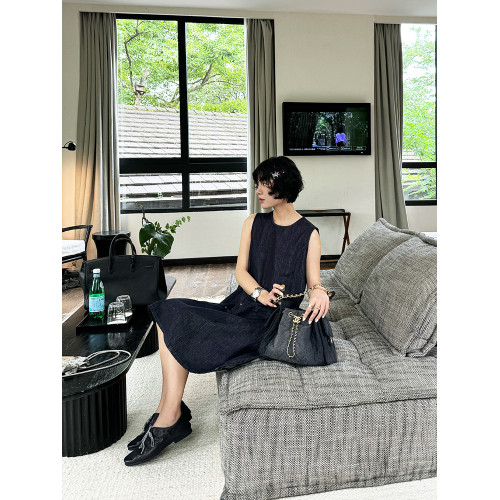 BUUYIE  靭風 2025夏季新款復古簡約背心裙牛仔深藍色薄款連衣裙