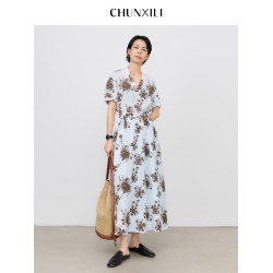chunxili/春熙裡 束腰長裙垂感田園風優雅花色印花亞麻舒適連衣裙