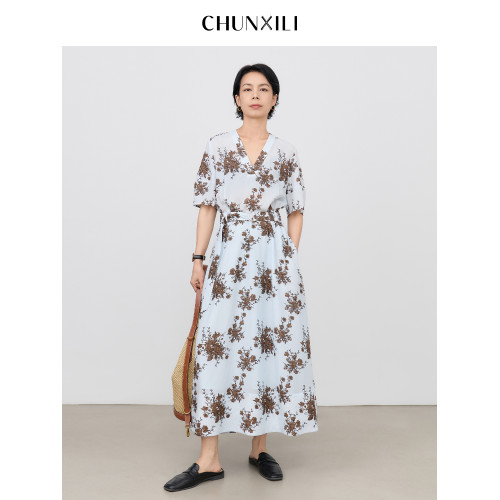 chunxili/春熙裡 束腰長裙垂感田園風優雅花色印花亞麻舒適連衣裙