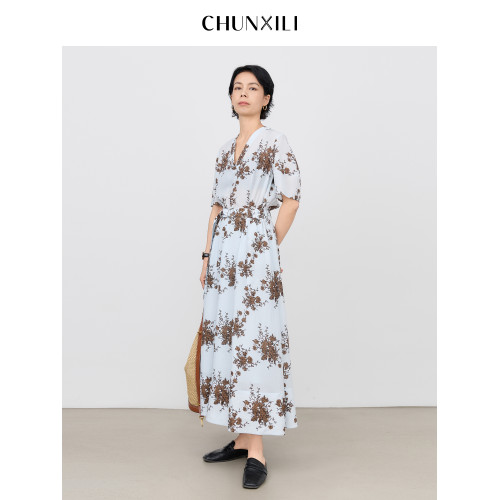 chunxili/春熙裡 束腰長裙垂感田園風優雅花色印花亞麻舒適連衣裙