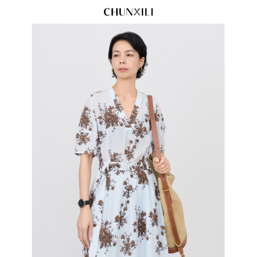 chunxili/春熙裡 束腰長裙垂感田園風優雅花色印花亞麻舒適連衣裙