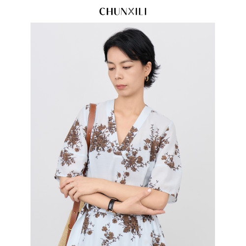 chunxili/春熙裡 束腰長裙垂感田園風優雅花色印花亞麻舒適連衣裙