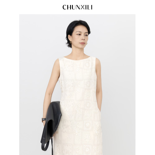 chunxili/春熙裡 夏季重工背心裙 精緻雕花設計 無袖套頭連衣裙