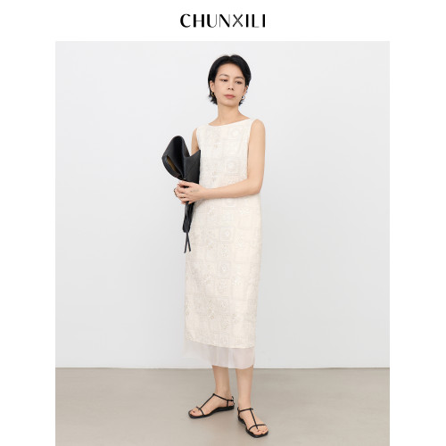 chunxili/春熙裡 夏季重工背心裙 精緻雕花設計 無袖套頭連衣裙