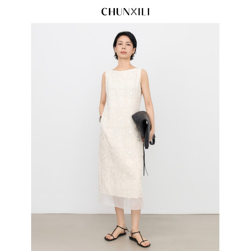 chunxili/春熙裡 夏季重工背心裙 精緻雕花設計 無袖套頭連衣裙