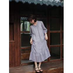 說與山聽「紫霞」兩色苧麻連衣裙 7分袖V領松弛感日系風女夏 6936