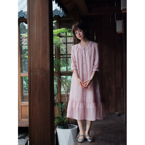 說與山聽「紫霞」兩色苧麻連衣裙 7分袖V領松弛感日系風女夏 6936