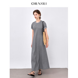 chunxili/春熙裡 修飾純色極簡長裙優雅高腰棉質套頭短袖連衣裙