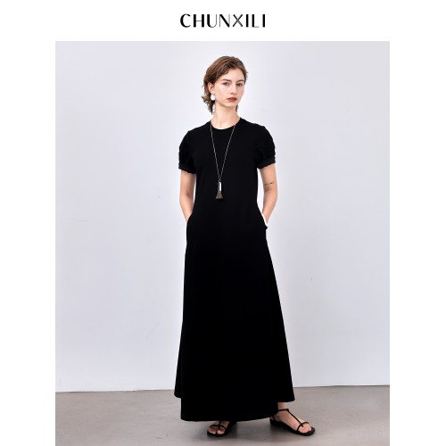 chunxili/春熙裡 修飾純色極簡長裙優雅高腰棉質套頭短袖連衣裙