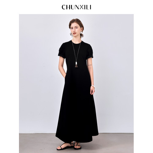 chunxili/春熙裡 修飾純色極簡長裙優雅高腰棉質套頭短袖連衣裙