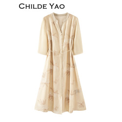 Childe Yao萊賽爾天絲連衣裙女夏2025新款輕奢高級感刺綉氣質裙子