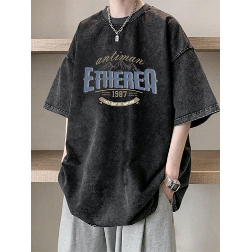 做舊水洗純棉短袖男t恤夏新款美式復古潮流潮牌休閒板鞋寬松上衣