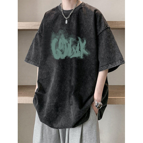 做舊水洗純棉短袖男t恤夏新款美式復古潮流潮牌休閒板鞋寬松上衣