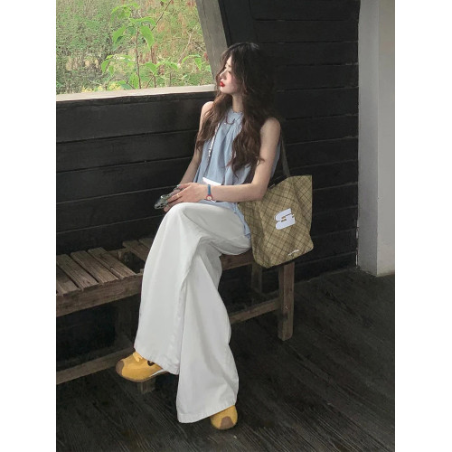 夏日絕美多巴胺穿搭濶腳褲套裝女夏季2025新款掛脖上衣爆款兩件套