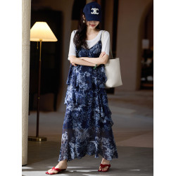 素木印花兩件套連衣裙女2025年夏季新款寬松吊帶裙歐洲站大碼裙子