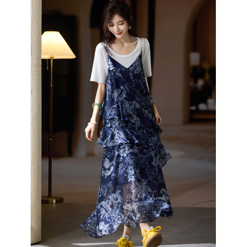素木印花兩件套連衣裙女2025年夏季新款寬松吊帶裙歐洲站大碼裙子