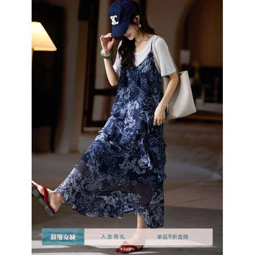 素木印花兩件套連衣裙女2025年夏季新款寬松吊帶裙歐洲站大碼裙子