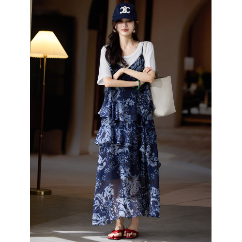 素木印花兩件套連衣裙女2025年夏季新款寬松吊帶裙歐洲站大碼裙子