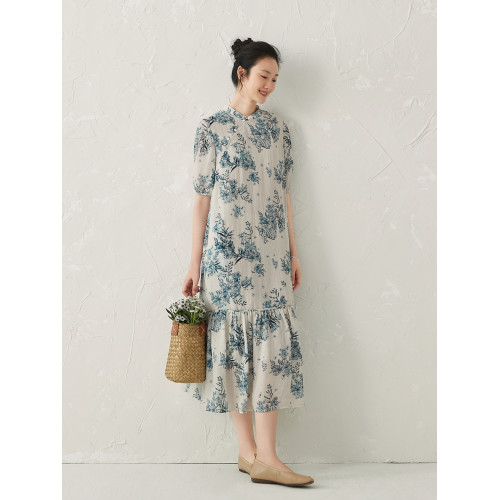 如也 薄款新中式苧麻連衣裙女夏季長裙 萊賽爾印花國風氣質A字裙