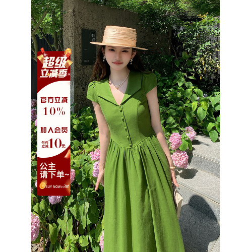 AM NANA法式氣質短袖綠色連衣裙女夏溫柔風絕美V領收腰顯瘦長裙子