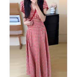 法式v領紅色格子短袖連衣裙子女夏季2025新款巨好看掐腰氣質長裙