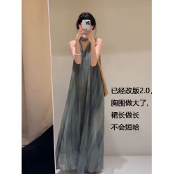 高個子172加長版夏季清冷感法式V領掛脖薄紗連衣裙絕美度假長裙子