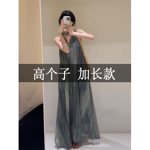 高個子172加長版夏季清冷感法式V領掛脖薄紗連衣裙絕美度假長裙子
