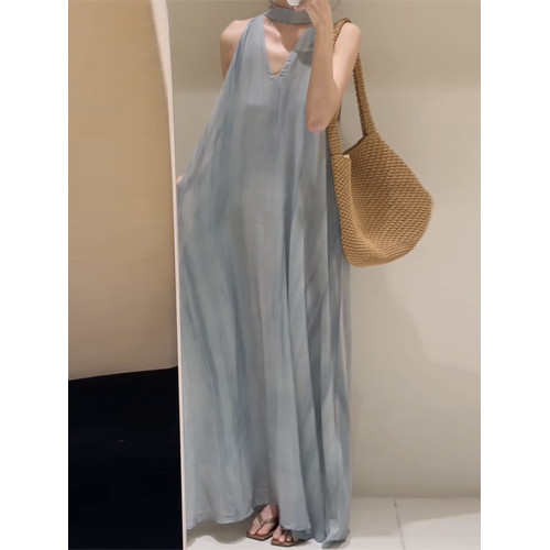 高個子172加長版夏季清冷感法式V領掛脖薄紗連衣裙絕美度假長裙子