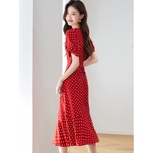 紅色氣質波點真絲連衣裙女2025夏新款洋氣修身顯瘦小個子裙子流行