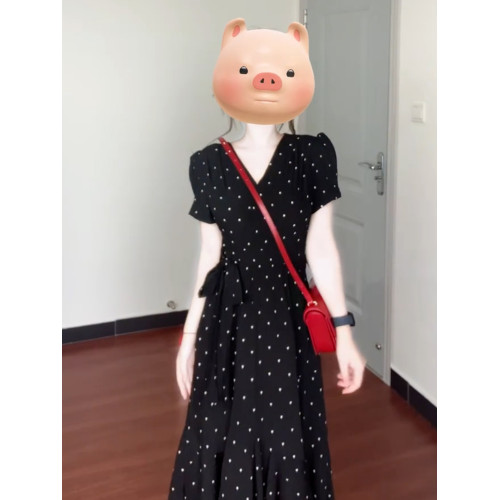 2025新款黑色v領碎花連衣裙子女裝夏季爆款今年流行漂亮掐腰長裙