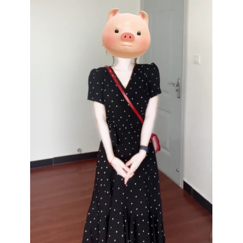 2025新款黑色v領碎花連衣裙子女裝夏季爆款今年流行漂亮掐腰長裙