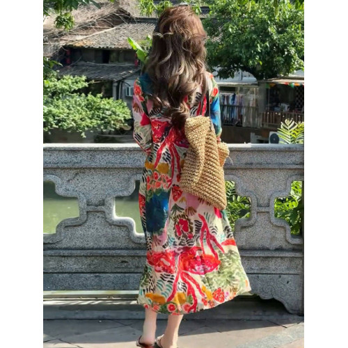 輕奢大牌洋氣真絲印花連衣裙2025夏季新款寬松顯瘦法式氣質長裙