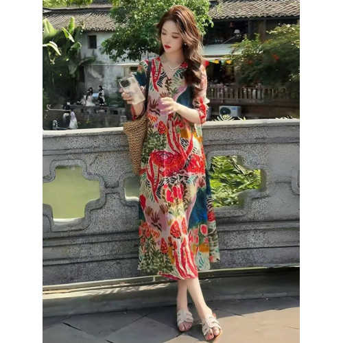 輕奢大牌洋氣真絲印花連衣裙2025夏季新款寬松顯瘦法式氣質長裙