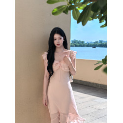 美人魚連衣裙粉色V領荷葉邊溫柔不規則長裙