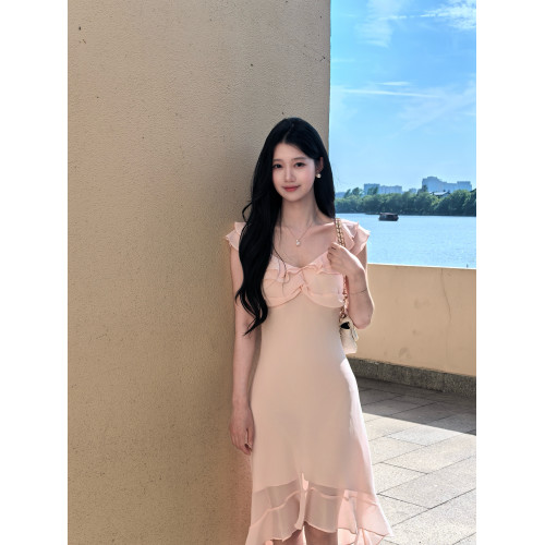 美人魚連衣裙粉色V領荷葉邊溫柔不規則長裙