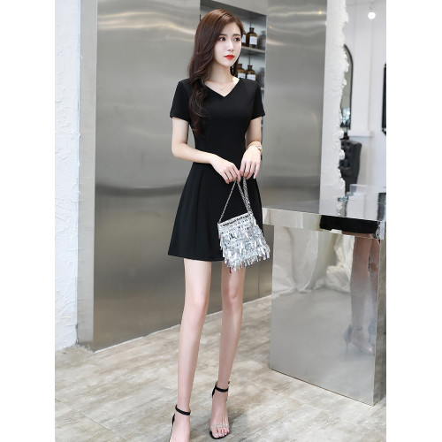 chunxili/春熙裡 夏季修身長裙 V領純色極簡優雅女生亞麻連衣裙