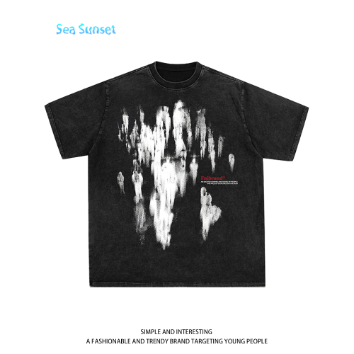 Sea Sunset 美式水洗復古短袖男t恤夏季街頭人物印花重磅純棉短袖
