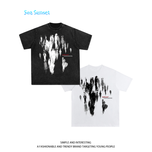 Sea Sunset 美式水洗復古短袖男t恤夏季街頭人物印花重磅純棉短袖