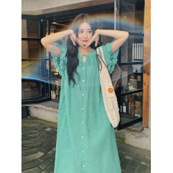 胖mm特大碼300斤復古泡泡袖連衣裙女夏季新款法式寬松顯瘦襯衫裙