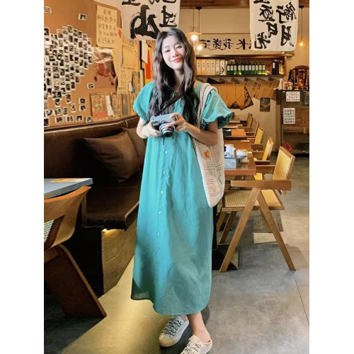 胖mm特大碼300斤復古泡泡袖連衣裙女夏季新款法式寬松顯瘦襯衫裙
