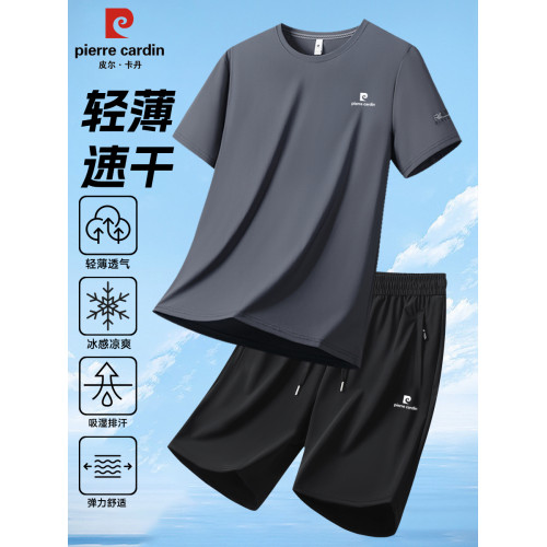 皮爾卡丹短袖t恤套裝男2025新款夏季速乾白色冰絲休閒運動透氣T恤