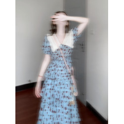 法式藍色碎花短袖襯衫連衣裙子女夏季2025新款小個子氣質收腰長裙