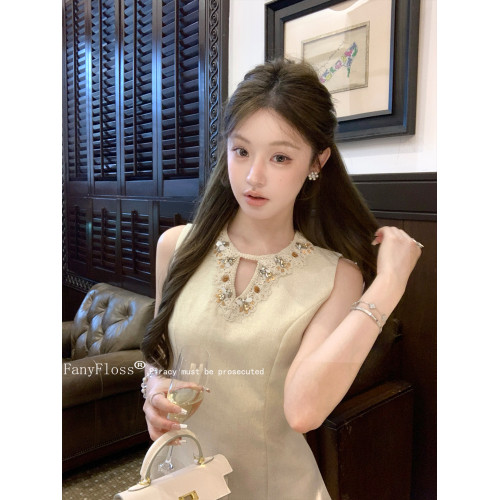 FanyFloss設計感刺綉釘鑽鏤空收腰連衣裙女重工鑲鑽編織無袖短裙
