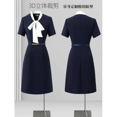 職業連衣裙女夏季幼兒園老師園服收腰顯瘦氣質A字裙珠寶店工作服