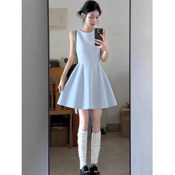 德國藍色連衣裙女夏季收腰a字無袖背心高級感氣質小個子掐腰短裙