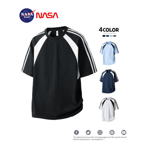 NASA短袖t恤男夏季潮牌輕薄半袖條紋體恤情侶休閒圓領拼接上衣服