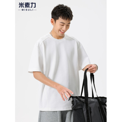 純色重磅太空棉短袖男t恤潮流新款高級感簡約白色上衣五分體恤衫